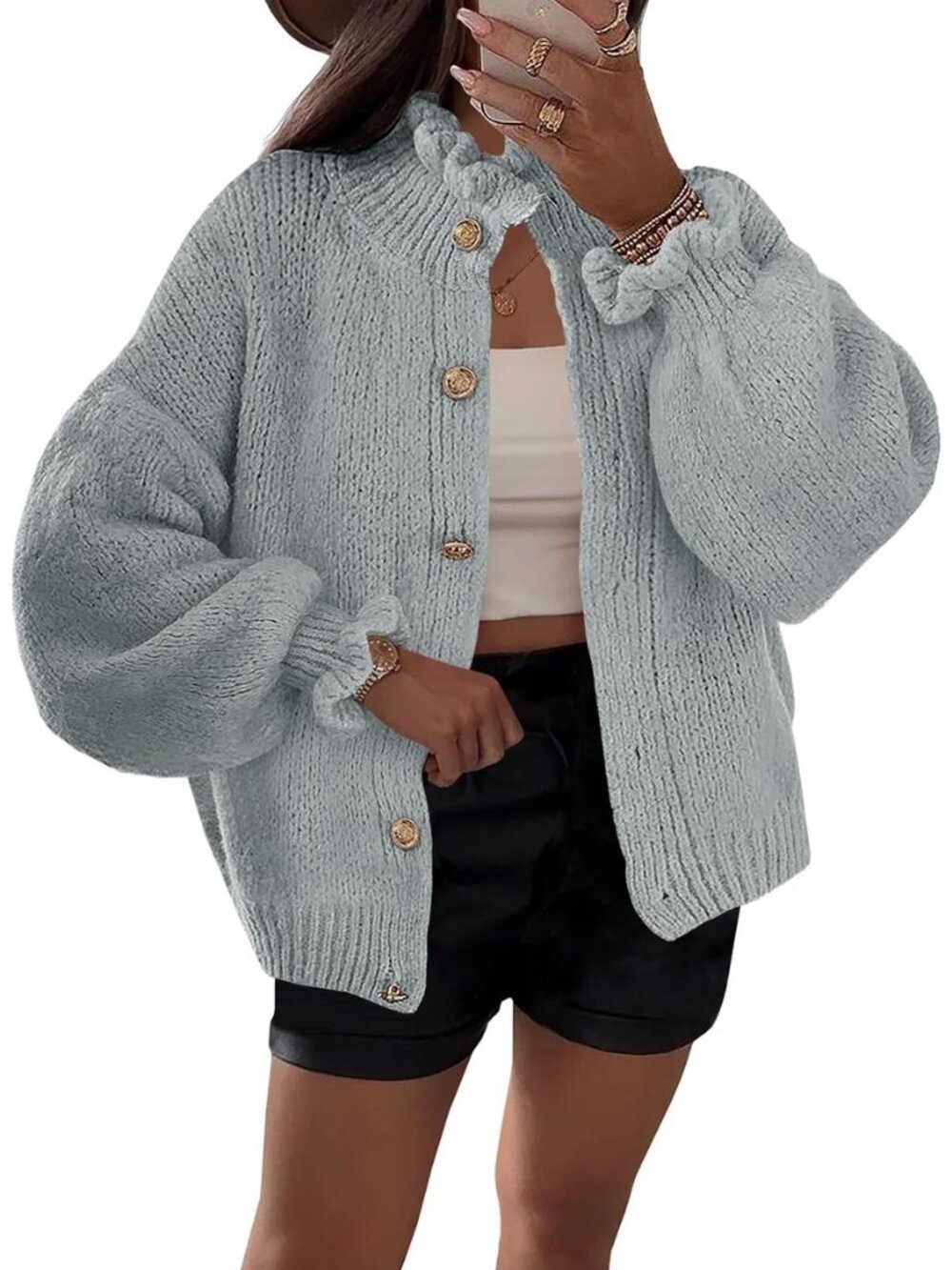 Womens Ruffle Cardigan Oversized Button Up Fall Trendy Ribbed Knit Open Front